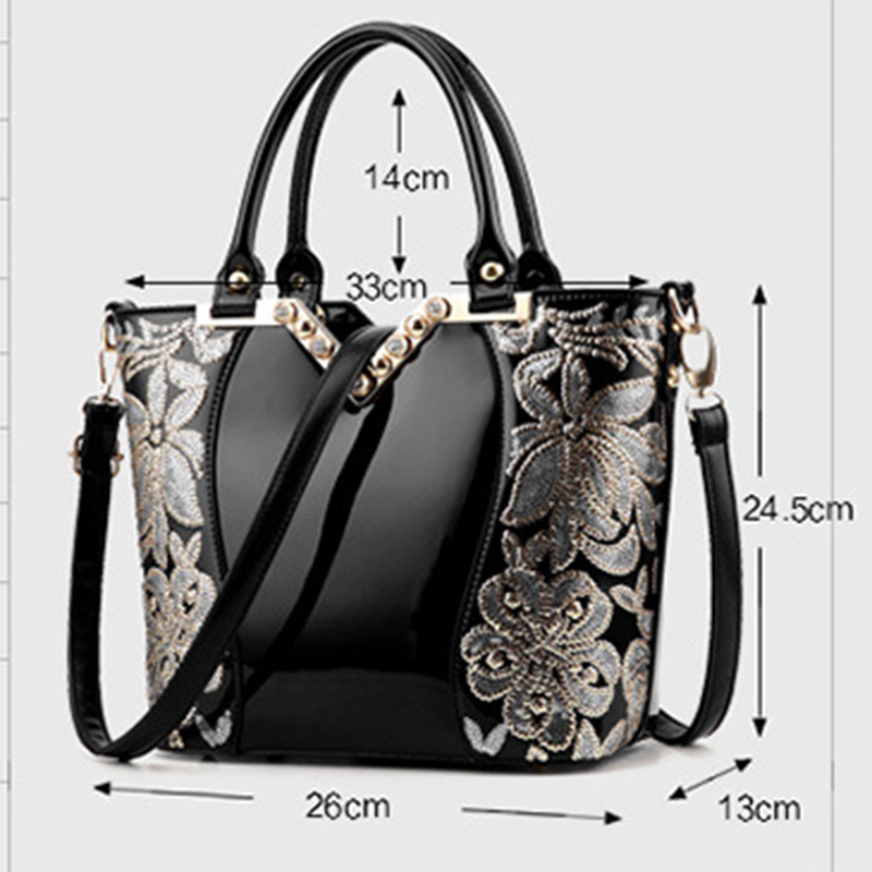 Fashion Black Embroidered Leather Shoulder Bag