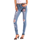 High Waist Female Embroidered Hole Denim Trousers