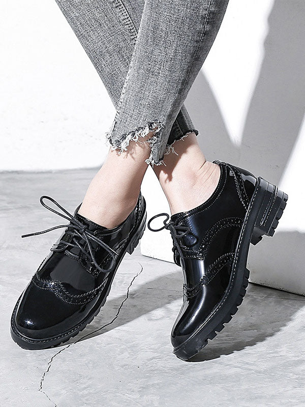British Wind Boots Leather Shoes Women Autumn and Winter Patent Leather Single Shoes Bullock Tie College Work Shoes Black Small Shoes