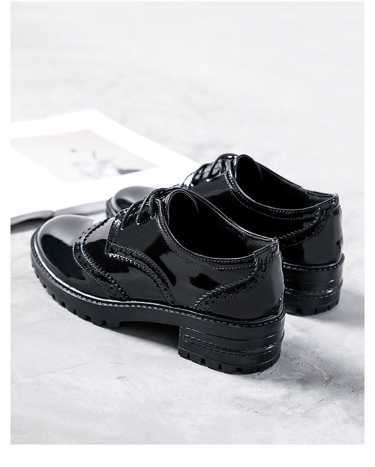 British Wind Boots Leather Shoes Women Autumn and Winter Patent Leather Single Shoes Bullock Tie College Work Shoes Black Small Shoes