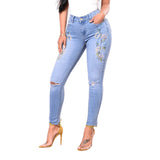 Embroidered Stretch Hole Hot Denim High Waist Pants Jeans
