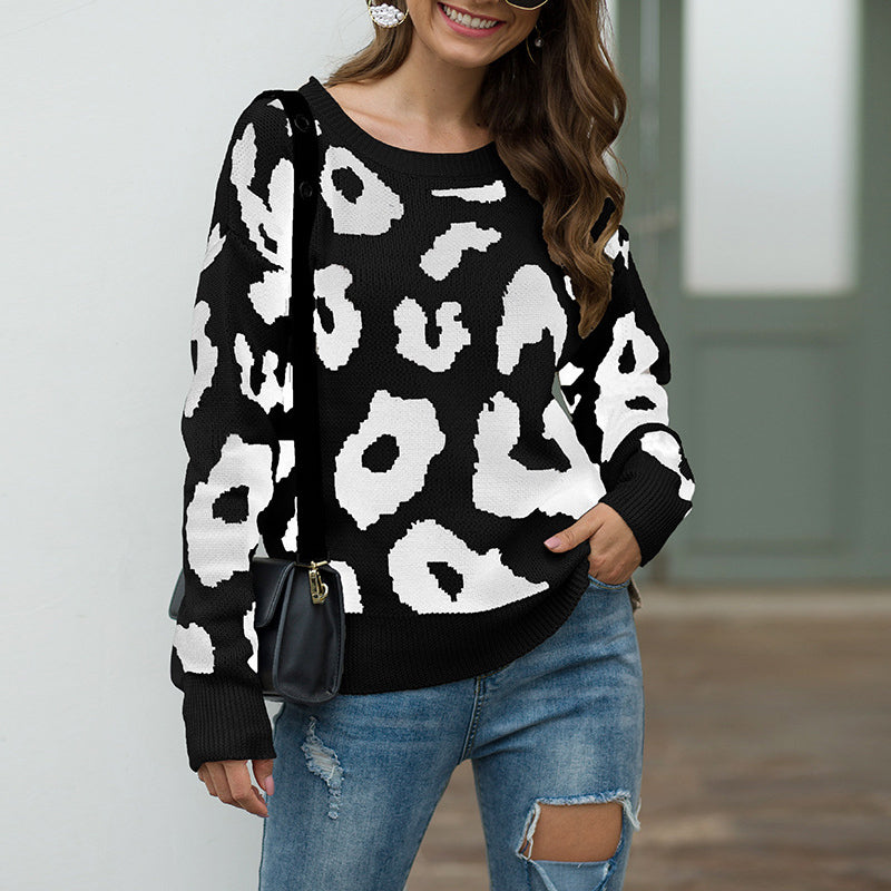 Leopard Sweater Round Neck Loose Pullover Sweater