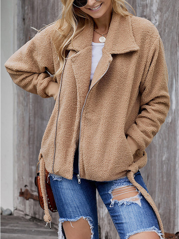 Solid Color Zipper Slim Long-sleeved Woolen Coat