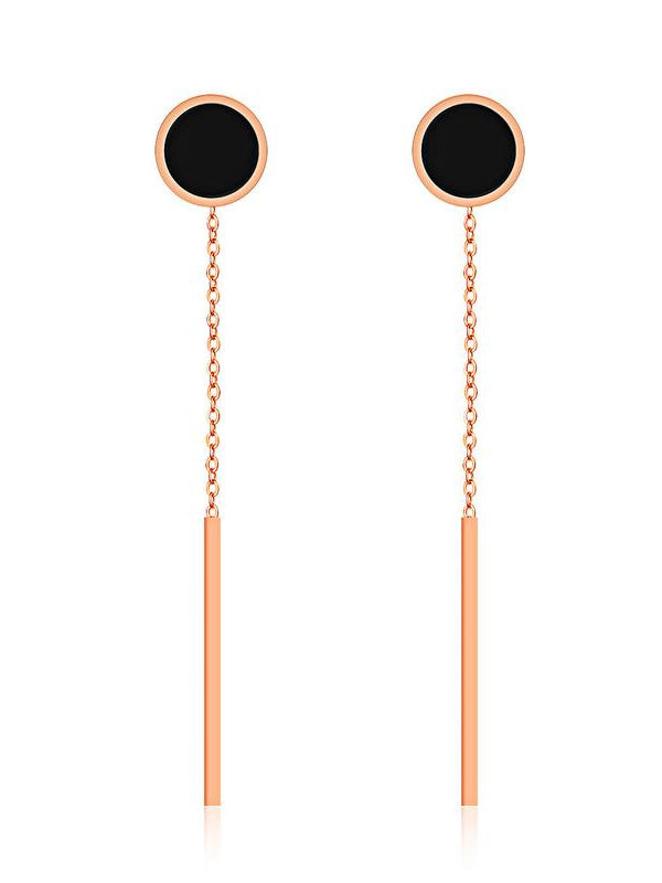 Petite Rose Gold Circle Hanging Black Dot Earrings