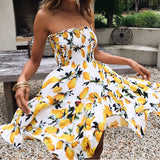 Sexy Wrapless Strapless Lemon Print Dress