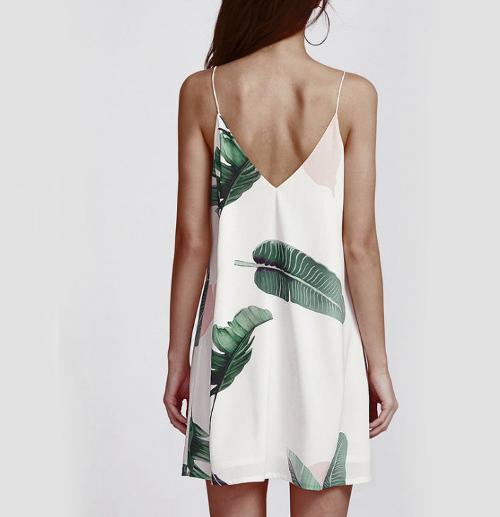 Leaf Print V-neck Sling Dress