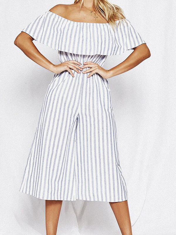 Fashion Word Collar Ruffled Striped Jumpsuit