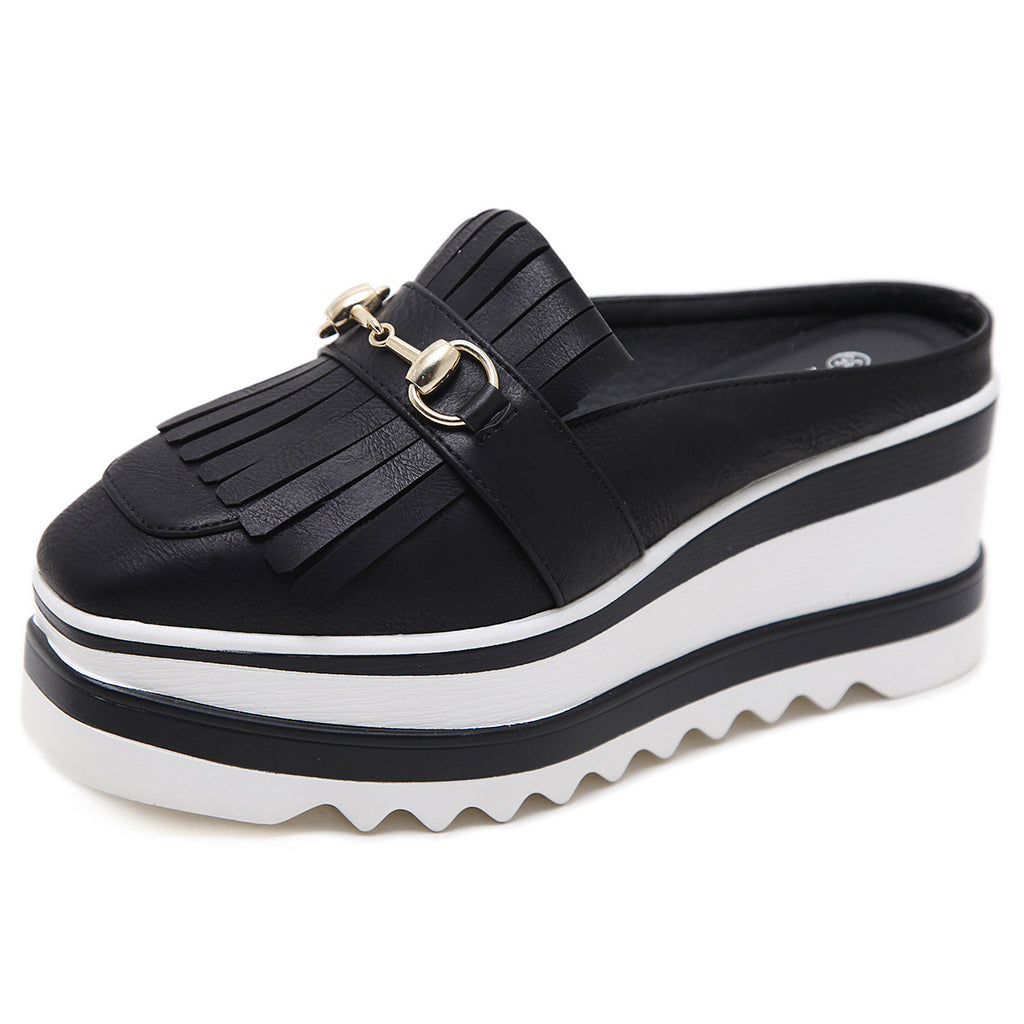Baotou Half Slippers Female Summer Fashion Tassels Increased Shoes Wear No Heel Lazy Thick-bottomed Cakes Sandals and Slippers
