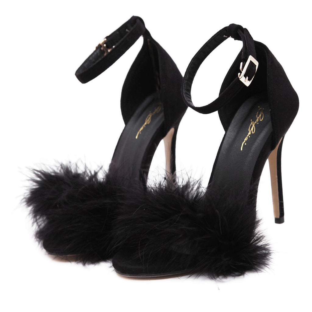 Women's Wild Sandals Furry Fish Mouth Sexy Word Buckle with Fine Super High Heel