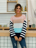Women's Five-color Striped Stitching Long-sleeved Loose Knit Sweater Pullover