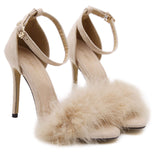 Women's Wild Sandals Furry Fish Mouth Sexy Word Buckle with Fine Super High Heel