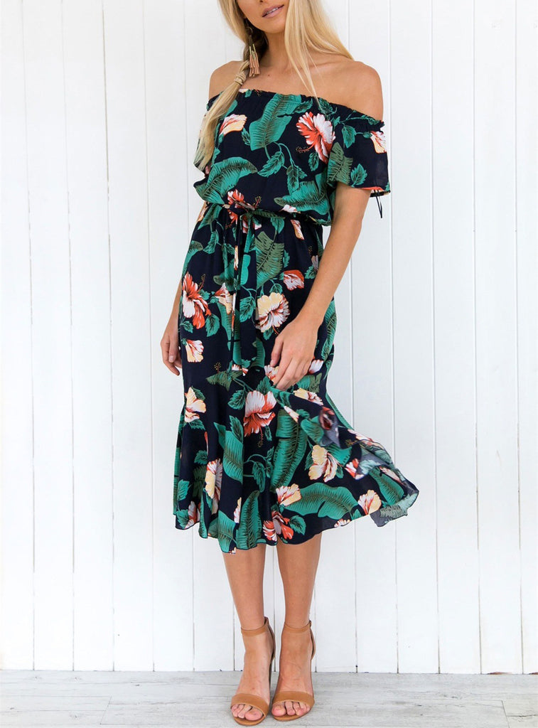 One-shoulder Leaf Print Beach Dress