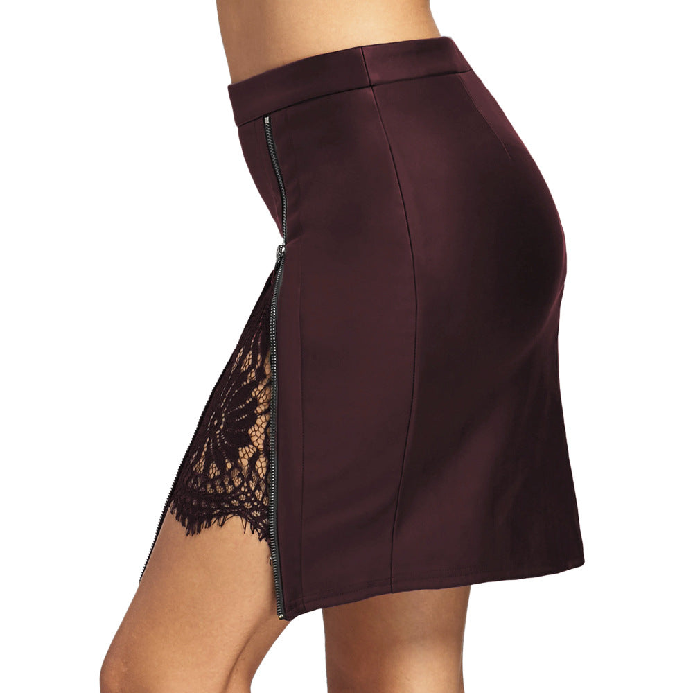 Women Short Lace Leather Skirt