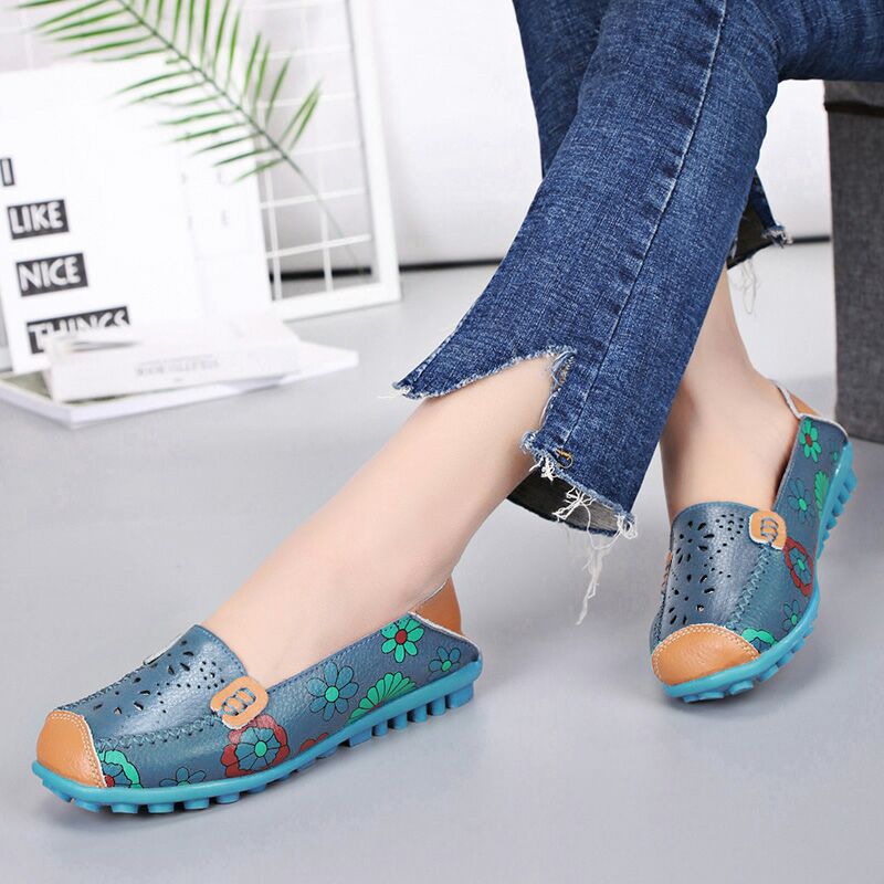 Spring and Autumn Women's Shoes Flat with Peas Shoes Mother Shoes Leather Printed Shoes Lazy Shoes