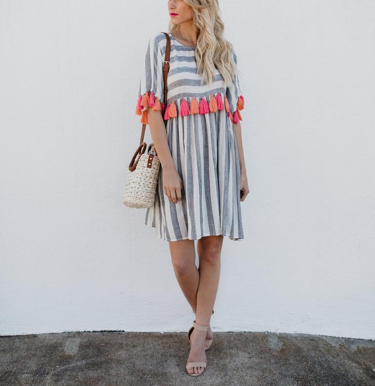 Round Neck Short Sleeve Striped Women's Color Tassel Dress