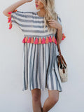Round Neck Short Sleeve Striped Women's Color Tassel Dress