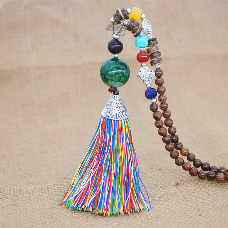 Literary Fringed Necklace Original Beaded Sweater Chain Linen Cotton Accessories