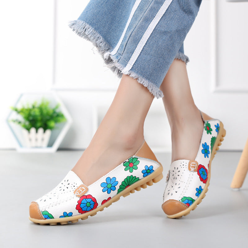Spring and Autumn Women's Shoes Flat with Peas Shoes Mother Shoes Leather Printed Shoes Lazy Shoes