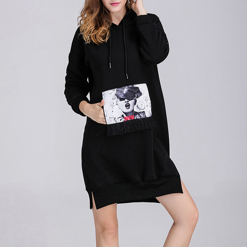Plush Hooded Patchwork Sweater Skirt Loose Sweater