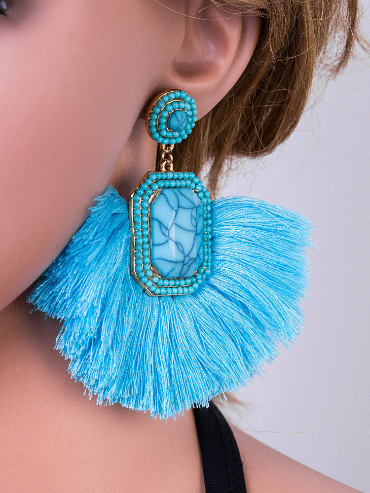 Exaggerated Bohemian Ethnic Style Creative Fan-shaped Handmade Tassel Earrings Female
