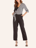 Sexy V-neck Cropped Sleeves Striped Stitching Lace-up Jumpsuit