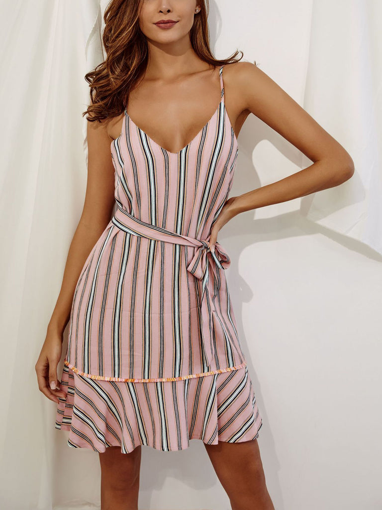 Fashion V-neck Striped Sling Ruffled Dress