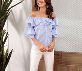 Blue Striped Word Collar Ruffled Sexy Top Button Short-sleeved Shirt