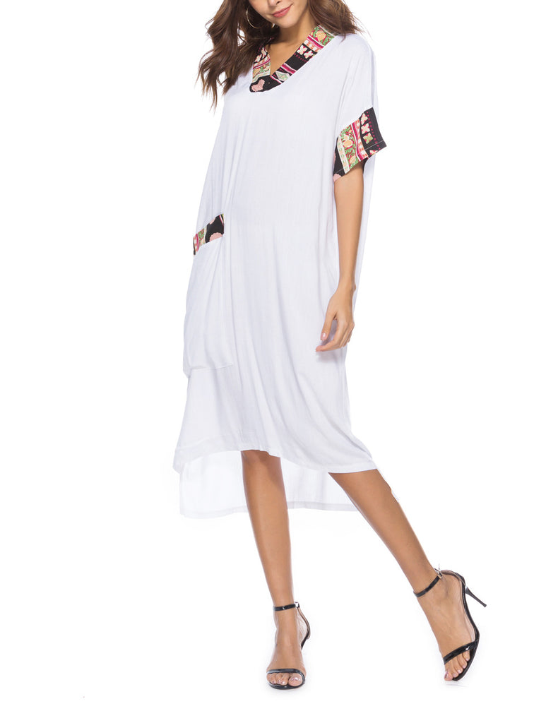 New Solid Color Causal Splicing Midi Dress
