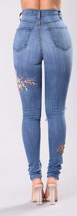 Embroidered High-elastic Denim Trousers