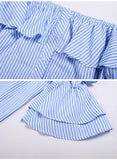 Blue Striped Word Collar Ruffled Sexy Top Button Short-sleeved Shirt