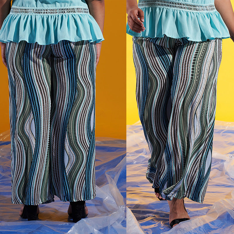 Large Size Striped Wide-leg Casual Pants
