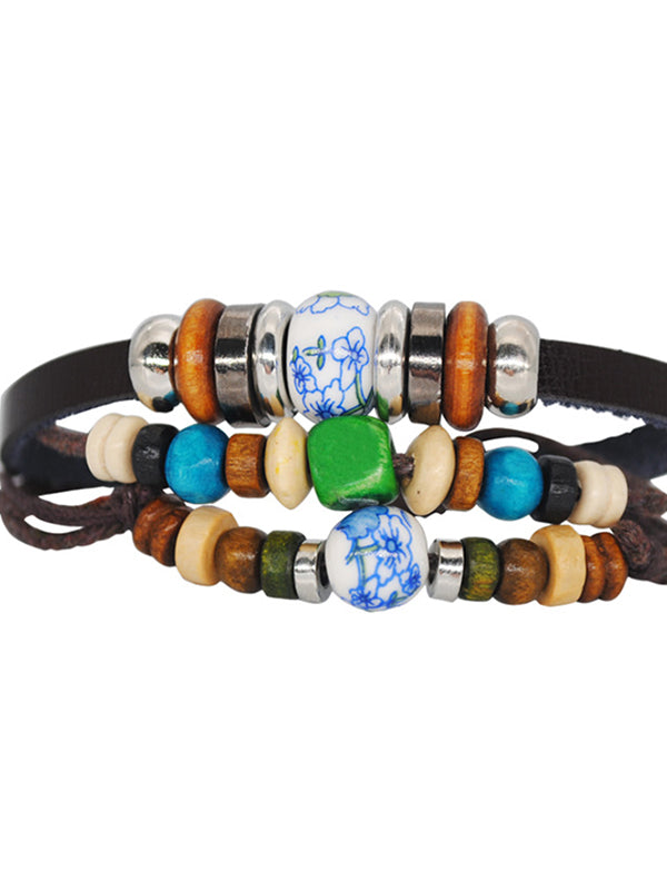 Ethnic Style Ceramic Multi Color Wooden Beads Woven Bracelet