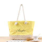 Canvas Embroidered Letter Shoulder Straw Bag Summer Vacation Beach Casual Weaving Handbag