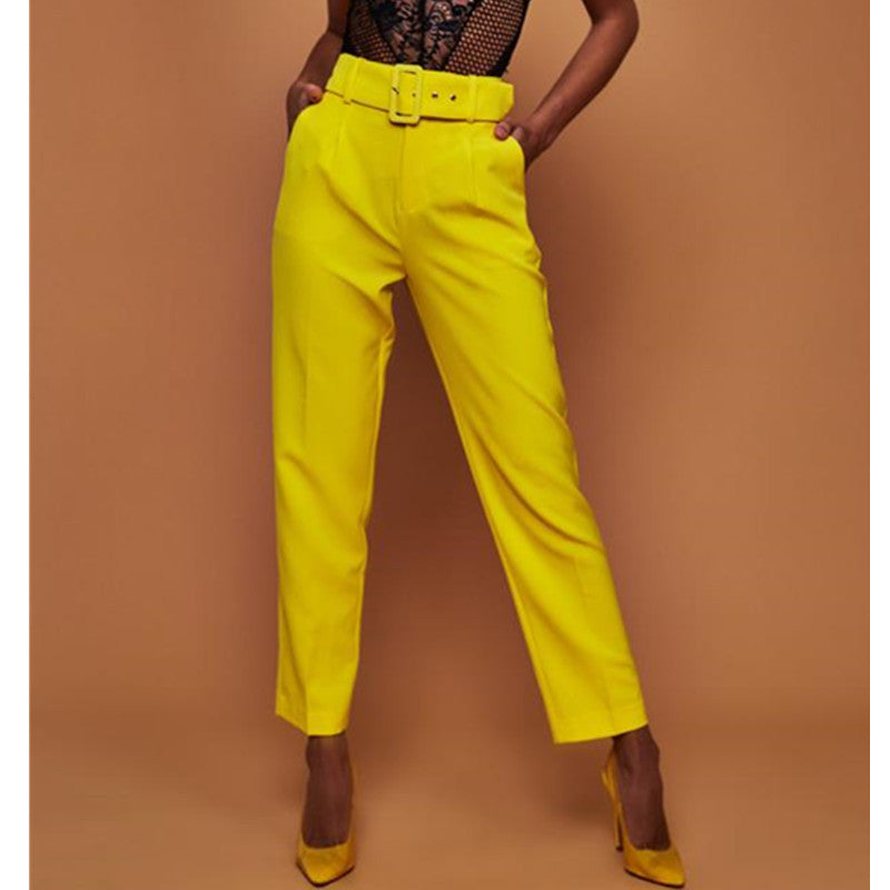 Women's Autumn Casual Pants High Waist Solid Color Cropped Trousers Straight Trousers with Belt