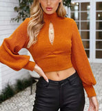 Sexy High Neck Openwork Lace-up Sleeve Sweater
