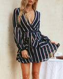 Striped Deep V-neck Long-sleeved Wavy Fashion Dress