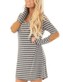 Round Neck Patch Stitching Long Sleeve Loose Striped Dress