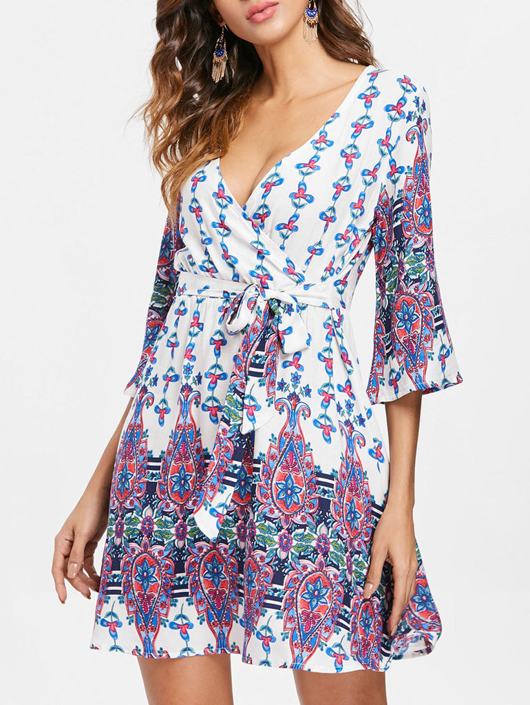 Sexy Deep V Cropped Sleeve Printed Lace Up Dress