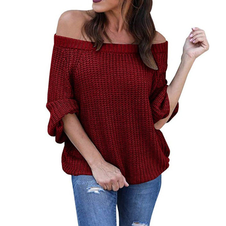 Off-the-shoulder Large Size Pullover Lantern Sleeves Sweater