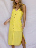 Split Single Row Buttoned Sleeveless V-neck Dress