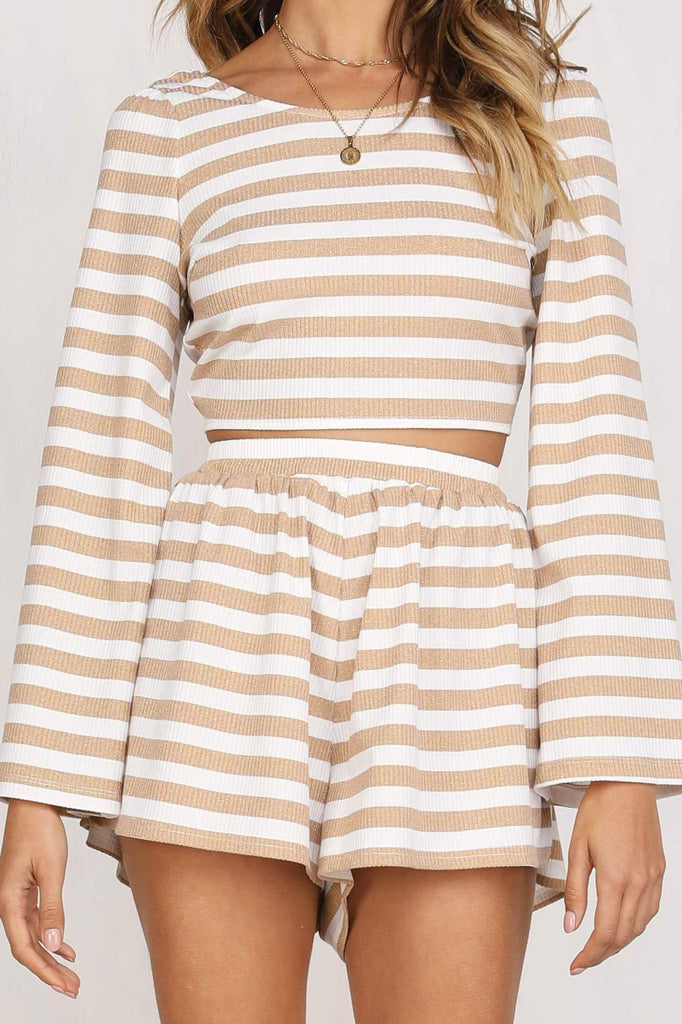 Round Neck Striped Long Sleeve High Waist Shorts Suit