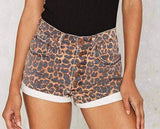 High Waist Curled Ladies Leopard Print Denim Shorts
