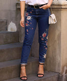 Embroidered High-rise Slim Women's Denim Cropped Trousers
