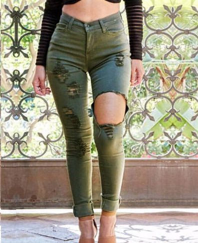 High Waist Slim Hole Army Green Large Size Jeans