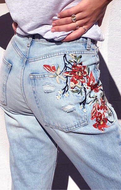High-waist Embroidery Irregular Denim Pants