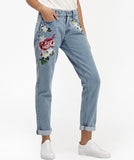 Embroidered Rose Women's Loose Denim Straight Pants