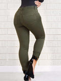 High Waist Slim Hole Army Green Large Size Jeans