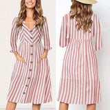 V-neck Long Sleeve Striped Pocket Dress
