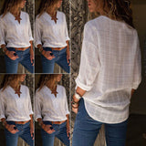 Long Sleeve Cotton and Linen V-neck Long-sleeved Shirt White Casual Top