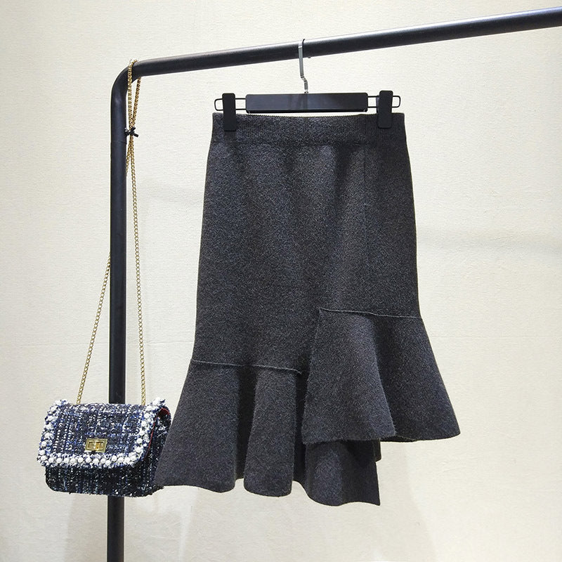 Fishtail Skirt Autumn and Winter Women's High Waist Thick Irregular Hong Kong-style Knitted Skirt